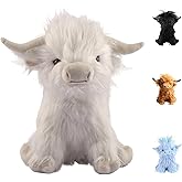 FIAEUGZKM Highland Cow Fluffy Stuffed Animal, 10" Adorable Scottish Cow Plush Toy Cute Fuzzy Farm Animal Cattle Plushy Soft Home Decor Birthday Gift for Boys Girls Kids, White