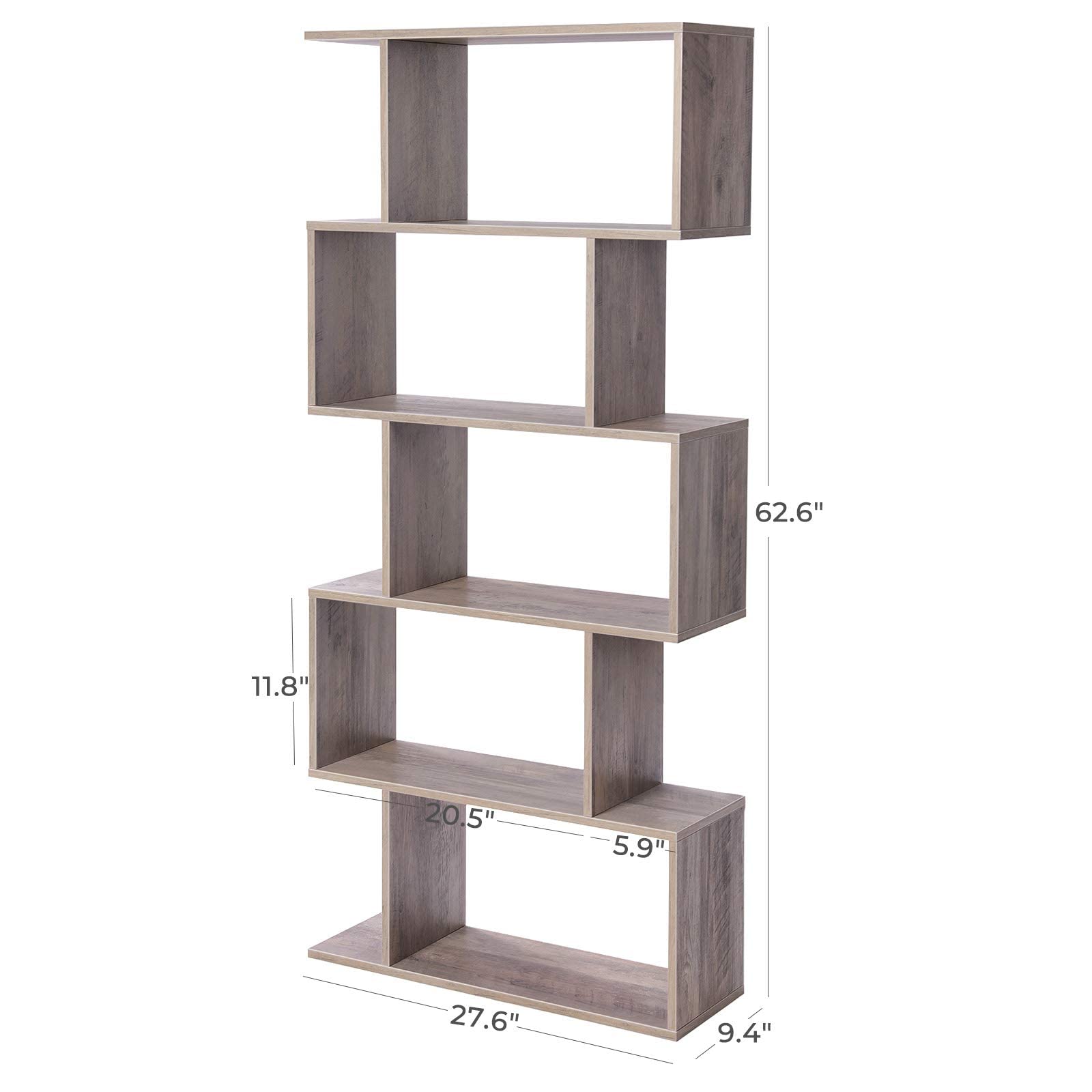 VASAGLE Wooden Bookcase, Display Shelf and Room Divider, Freestanding Decorative Storage Shelving, 5-Tier Bookshelf, Greige ULBC062M01 9.4D x 27.6W x 62.6H in
