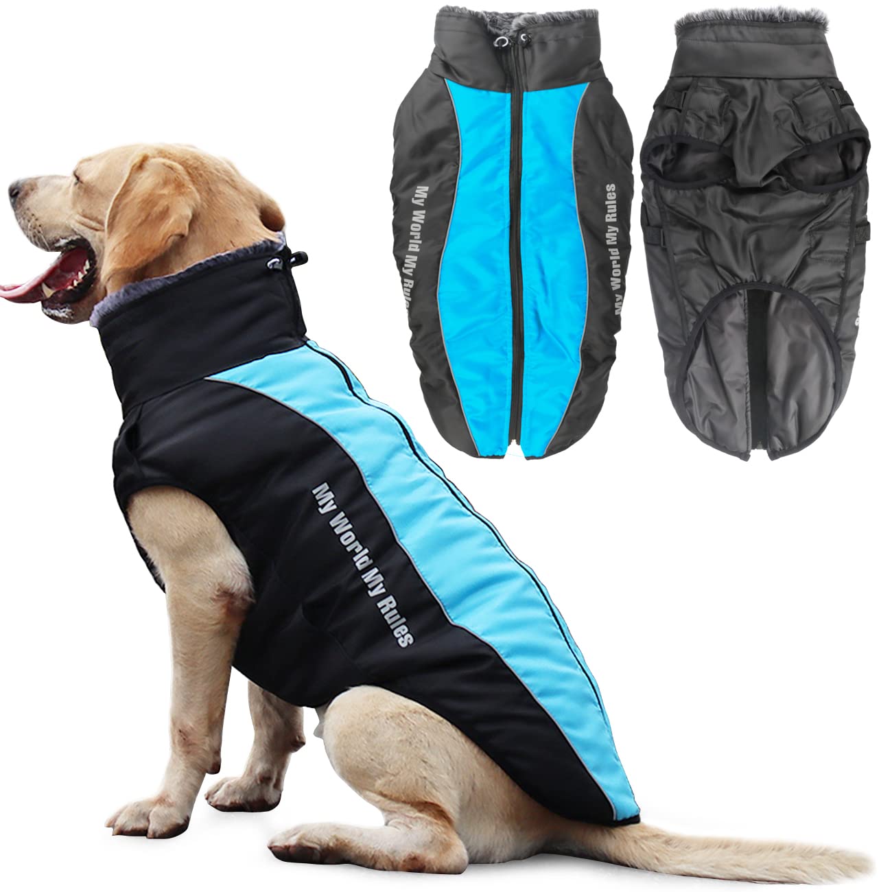 Idepet Dog Coat Warm Jacket, Reflective Pet Snowsuit Outdoor Sport Waterproof Dog Clothes Outfit Vest for Medium Large Dogs with Harness Hole