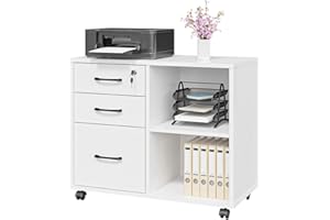 Panana 3 Drawer Office File Cabinets, Mobile Lateral Printer Stand with Open Storage Shelf, Rolling Filing Cabinet with Wheels Home Office Organization and Storage (White)