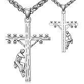 Lattd Cross Necklace with John 1:4 925 Sterling Silver Lineman Cross Pendant Christian Jewelry for Men, w/Stainless Steel Chain 22'' + 2''