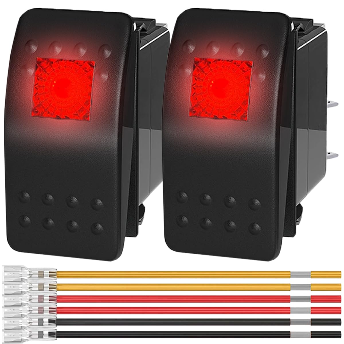 MKBKLLJY 2Pcs Marine Rocker Switch 12V Lighted Rocker Toggle Switch Red LED Light Illuminated 3Pin SPST 2Position ON/Off Waterproof with Locked Terminal Wires for Boat UTV RZR ATV Car Automotive