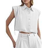 Tankaneo Womens Sleeveless Button Down Shirts Casual Loose V Neck Pad Shoulder Crop Tank Top