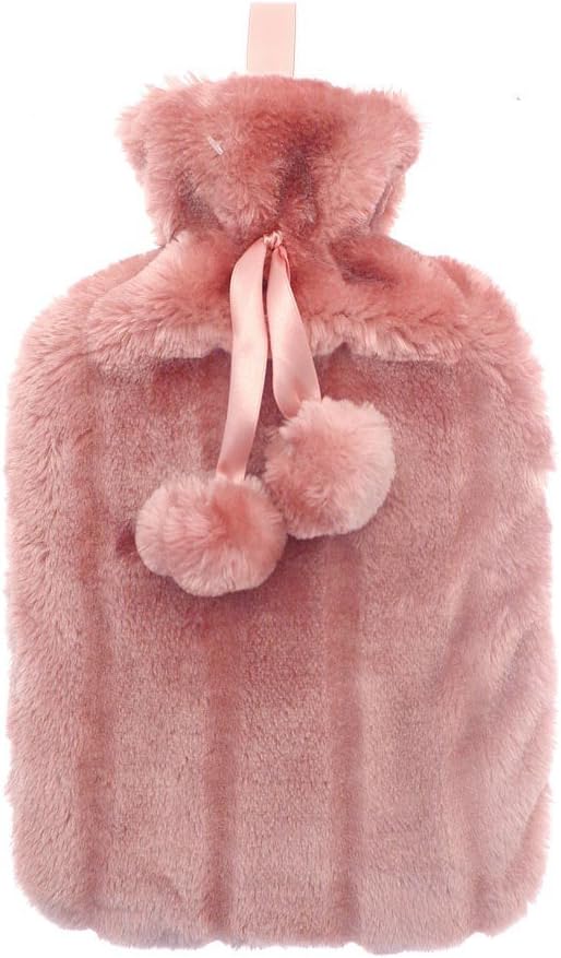 Cosy Large Hot Water Bottle With Faux Fur Cover And Pom Poms, Peach