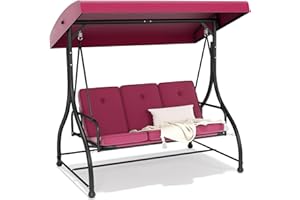 FUNG YARD 3-Seat Outdoor Patio Swing Chair with Adjustable Canopy Removable Cushion - Heavy Duty Swing Chair for Outdoor Patio, Backyard, Garden, Poolside, Balcony, Burgundy