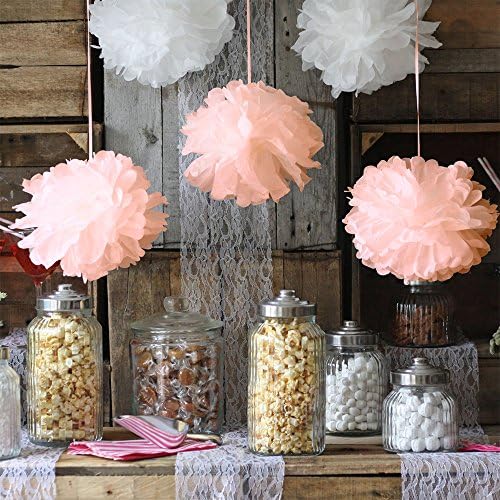 Tissue Paper Pom Pom Flower Decorations- 12 Pink &amp; White Pom Poms With 3 Sizes 8, 10, &amp; 12 Inches Perfect for Weddings Birthday Parties Bridal or Baby Showers &amp; Great Outdoor Decorations