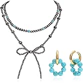 MTJAHPS 3PCS Navajo Pearl Bow Necklace Western Jewelry for Women Cowgirl Turquoise Necklaces Jewelry Turquoise Beaded Huggie Hoop Earrings