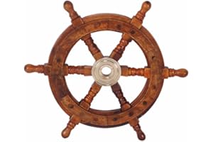 TUP The Urban Port 12" Teak Wood Ship Wheel with Brass Inset and Six Spokes, Brown and Gold