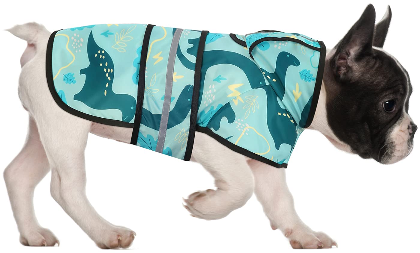 HDE Dog Raincoat Jacket Reflective Adjustable Hooded Pet Poncho Rain Coat with Leash Hole for Small to X-Large Dogs Dinosaurs - S