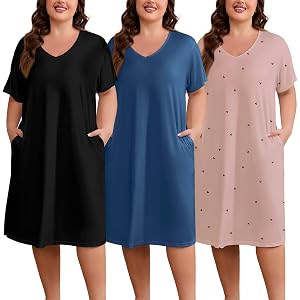 FEREMO 3 Pack Plus Size Nightgowns for Women Soft Printed Sleep House Dress V Neck Short Sleeve Sleepwear with Pockets