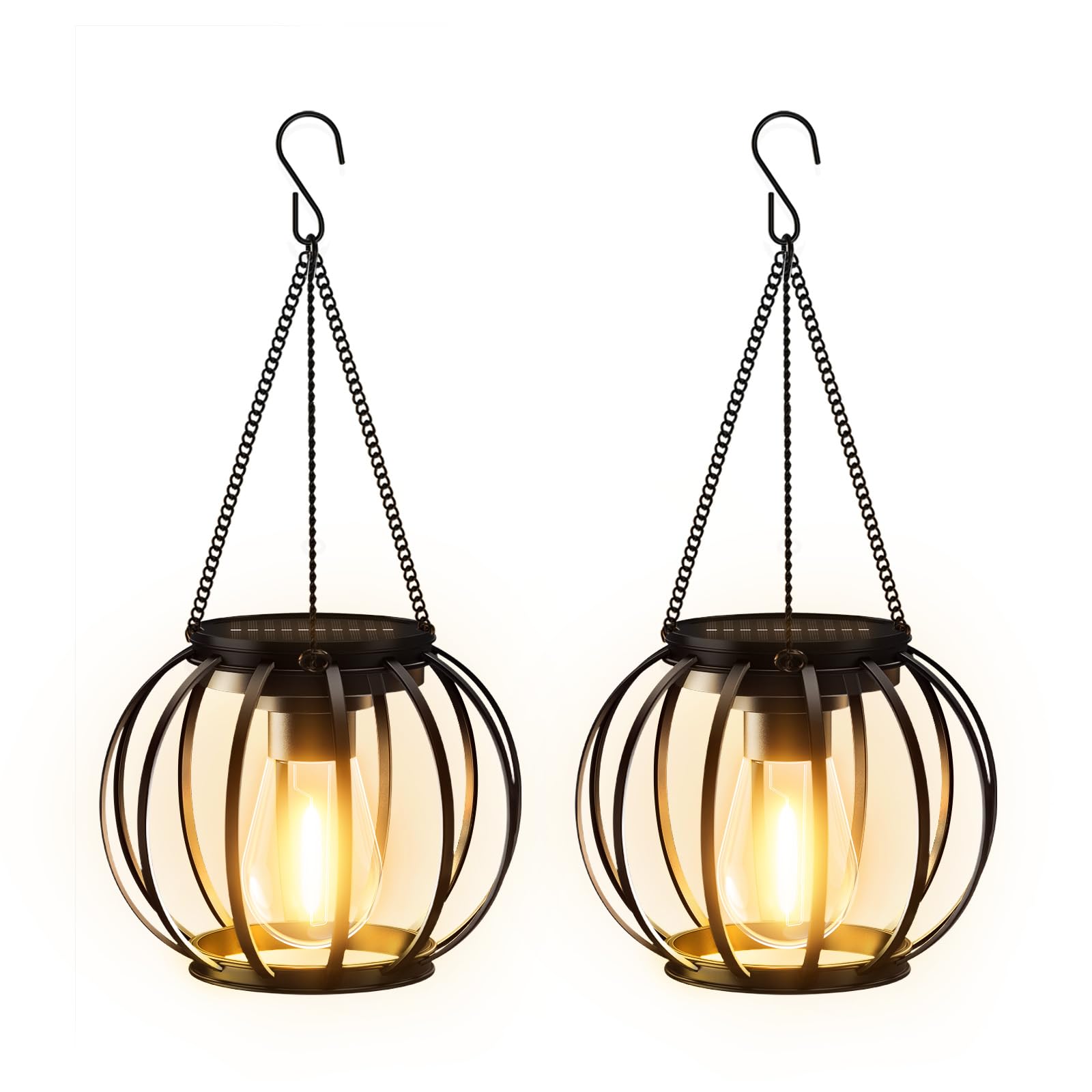 BUCASA Solar Lights Outdoor Garden, 2 Pack Metal Solar Lanterns Outdoor with Chain and Hook, Hanging Garden Lights with Auto On Off Waterproof Garden Ornaments for Yard Pathway Patio