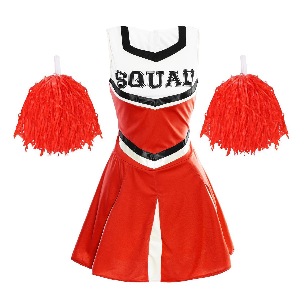 Ladies Cheerleader Costume with Pom Poms - Womens Highschool American Style Fancy Dress Party Outfit (Red – UK 10-12)
