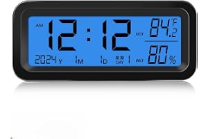 Timloon Car Dashboard Clock with Automatic Backlight at Night(Green & Blue), Temperature and Humidity Monitor, 12/24 Hour Format Time, Calendar, Solar Power and Type C Cable Charging for Car Truck