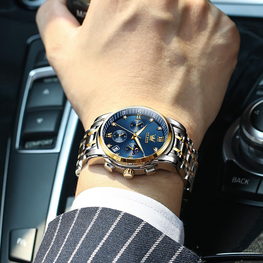 OLEVS Herrenuhren Blau Edelstahlarmband Quarz Uhr Männer mit Diamant Datum Wasserdicht Leuchtende Klassische Elegantes Armbanduhr Geschenk 4