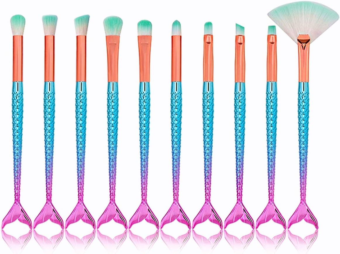 Nayels Mermaid Makeup Brush Set - Cosmetics Make up Synthetic Bristles Brushes Sets (PINK BLUE 10PCS)