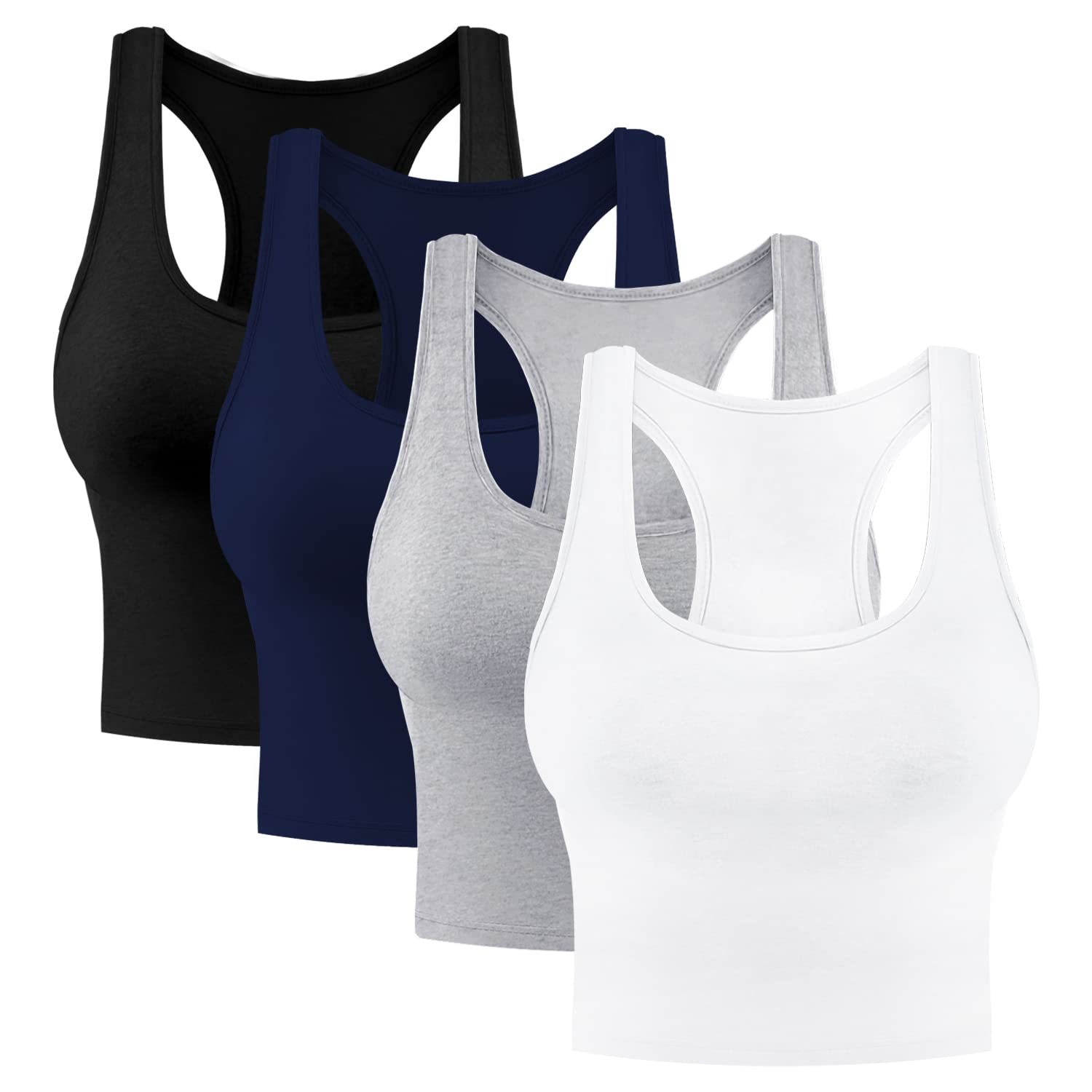 Photo 1 of 4 Pieces Women's Crop Tops Cotton Basic Tank Tops Racerback Sleeveless Sports Workout Crop Tank Tops S