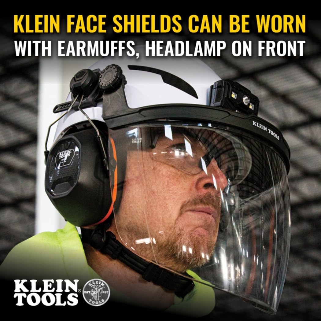 Klein Tools Face Shield for Safety Helmet and Cap-Style Hard Hats, Impact Rated, Anti-Fog, Low-Profile Design for Grinding