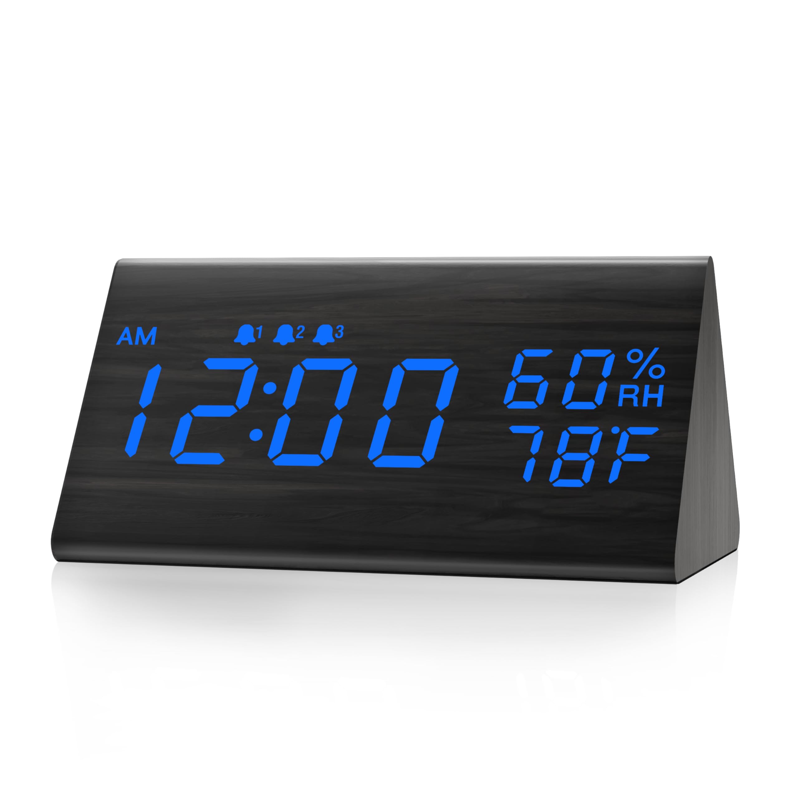 Photo 1 of Digital Alarm Clock, with Wooden Electronic LED Time Display, 3 Alarm Settings, Humidity & Temperature Detect, Wood Made Electric Clocks for Bedroom, Bedside (Black - Blue Led)