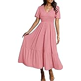 Simplee Womens Summer Smocked Flowy Dress - Casual Flutter Sleeve Tiered Boho Maxi Dresses with Pockets