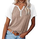 Womens Shirts Summer Henley V Neck Color Block Tshirts Raglan Short Sleeve Casaul Trendy Tops