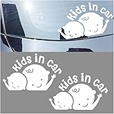 2PCS Kids in Car Sticker Decal, Baby on Board Car Decal, Baby on Board Sign for Car Safety Driving, Kids in Car Funny Vinyl Decal for Car Windows and Bumpers (White)