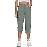 MoFiz Women's Cotton Cargo Capri Pants Summer Elastic Waist Dressy Capris Loose Fit Golf Hiking Cropped Pants Sage Green L