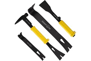 MANUFORE 4pcs Pry Bar Nail Puller Set, 12” Flat Pry Bar, 7.5” Flat Pry Bar, 12” Crow Bar with Hammer, 9” Chisel