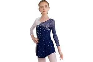 JEATHA Kids Girls Figure Ice Skating Dress Leotard Gymnastics Long Sleeve Color Block Mesh Rhinestones Dance Costume