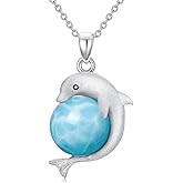 Reaii Natural Larimar Dolphin Pendant Necklace for Women 925 Sterling Silver Genuine Larimar Jewelry Gifts