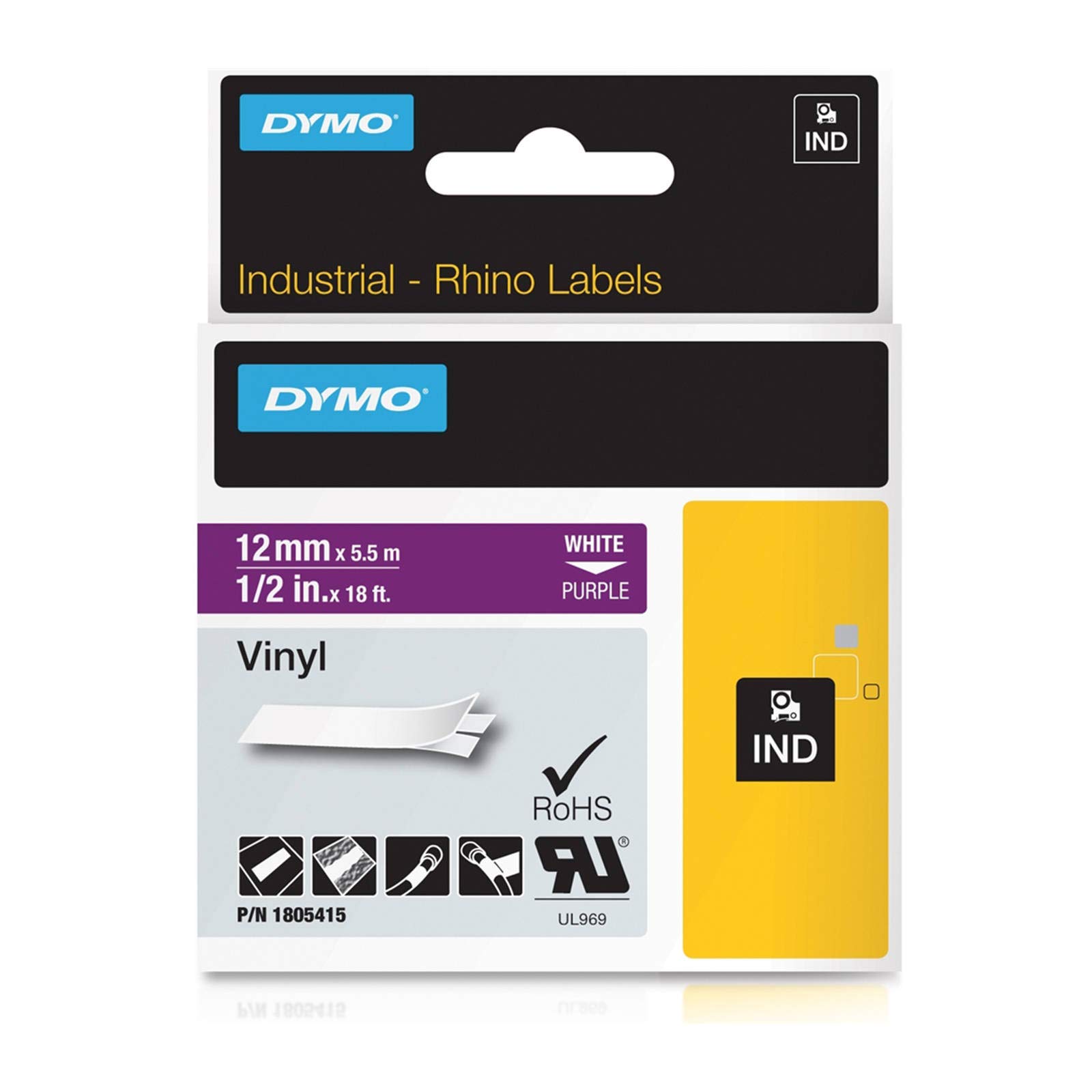 Dymo Rhino Industrial Labels Vinyl 12mm x 5.5m - White on Purple