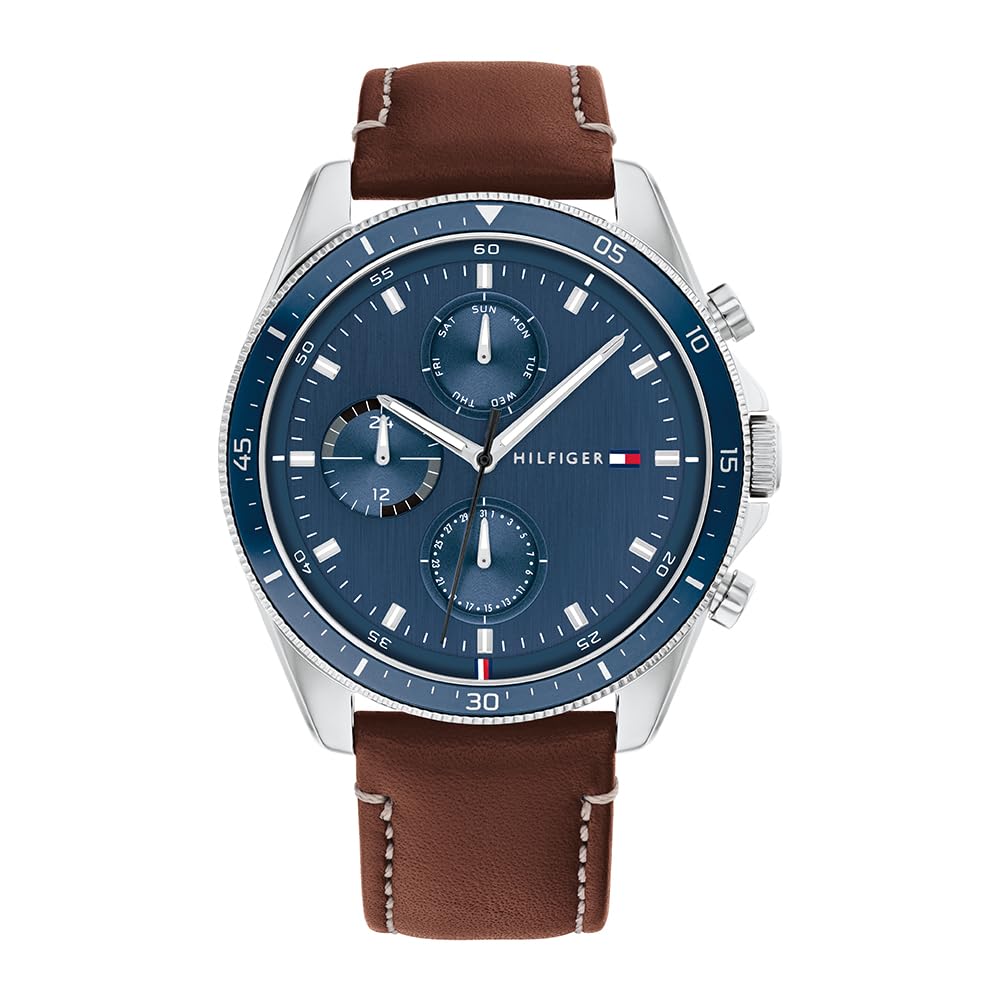 Tommy Hilfiger Men's 44mm Multifunction Quartz Watch - 3 Sub-Dials, Blue Dial, Brown Leather Strap, 5ATM Water Resistant - 1791837