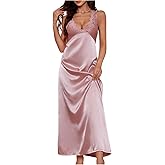 WDIRARA Women's Lace Backless Sexy Long Satin Sleepwear Deep V Neck Sleeveless Nightgown
