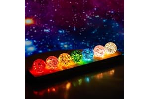 KRISININE 7 Colors 40mm Ice Cracked Balls Crystal Chakra Balls with LED Wooden Base Glass Healing Sphere Balls with Stand Night Light Decoration Quartz for Christmas Decorations