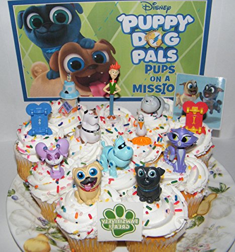Disney Puppy Dog Pals Deluxe Cake Toppers Cupcake Decorations Set of 14  with Figures, Skateboards, PAW Tattoo and Pals Sticker Featuring ARF,  Bingo,