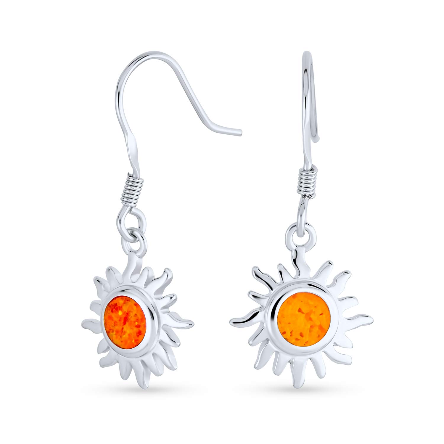 Irradiance Orange Fire Created Opal Summer Fun Sunburst Dangle Drop Earrings For Women Teens .925 Sterling Silver Fish Wire — image 1