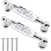 MuDuJia 2-Pack 3.78'' Glass Dresser Drawer Handles/Clear Pulls Knob Chrome Metal/Silver Modern Crystal Cupboard Cabinet Handle Pull Knobs 96mm (2, 3.78" Hole Center Style A)