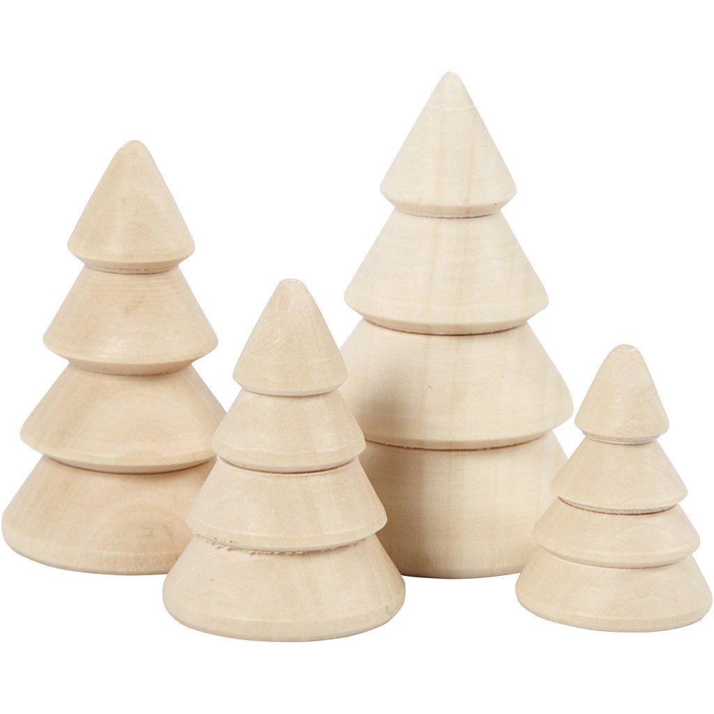 Creativ 100263 Wooden Christmas Trees, H: 3,3+4,3+5,3+6,3 cm, D: 2,3+3+3,2+4 cm, Empress Wood, 4pcs
