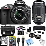 Nikon D3300 Ultimate 4 Lens Experience includes: D3300 Camera, 18-55mm f/3.5-5.6 and 55-200mm F/4-5.6G ED VR II DX Zoom-Nikkor Lenses, Pro .45x Wide Angle Lens w/ Macro, Pro 2X Telephoto Lens Converter, Case, 16GB SD Card, 52mm Filter Set, and More