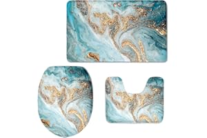 HUGS IDEA Marble Pattern Non Slip Toilet Seat Cover+ Bath Mat+ Lid Covers Home Decorative 3 Piece Bathroom Rug Sets