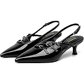 Susanny Burgundy Patent Slingback Kitten Heels for Women Closed Pointed Toe Strappy Dress Pumps Comfortable Stiletto Low Heels Sexy Buckle Strap Dressy Slip On Shoes for Wedding Bridal Work