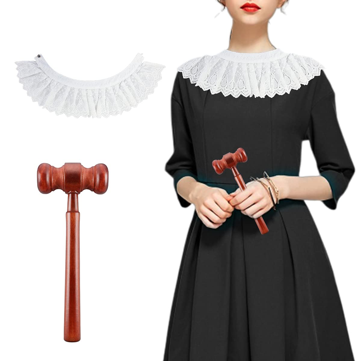 niCWhite Halloween Judge Costume Accessory Lace False Collar Choker Blouse Plus Wooden Courtroom Gavel Hammer for Cosplay Justice Party Favors Props, White&brown, M