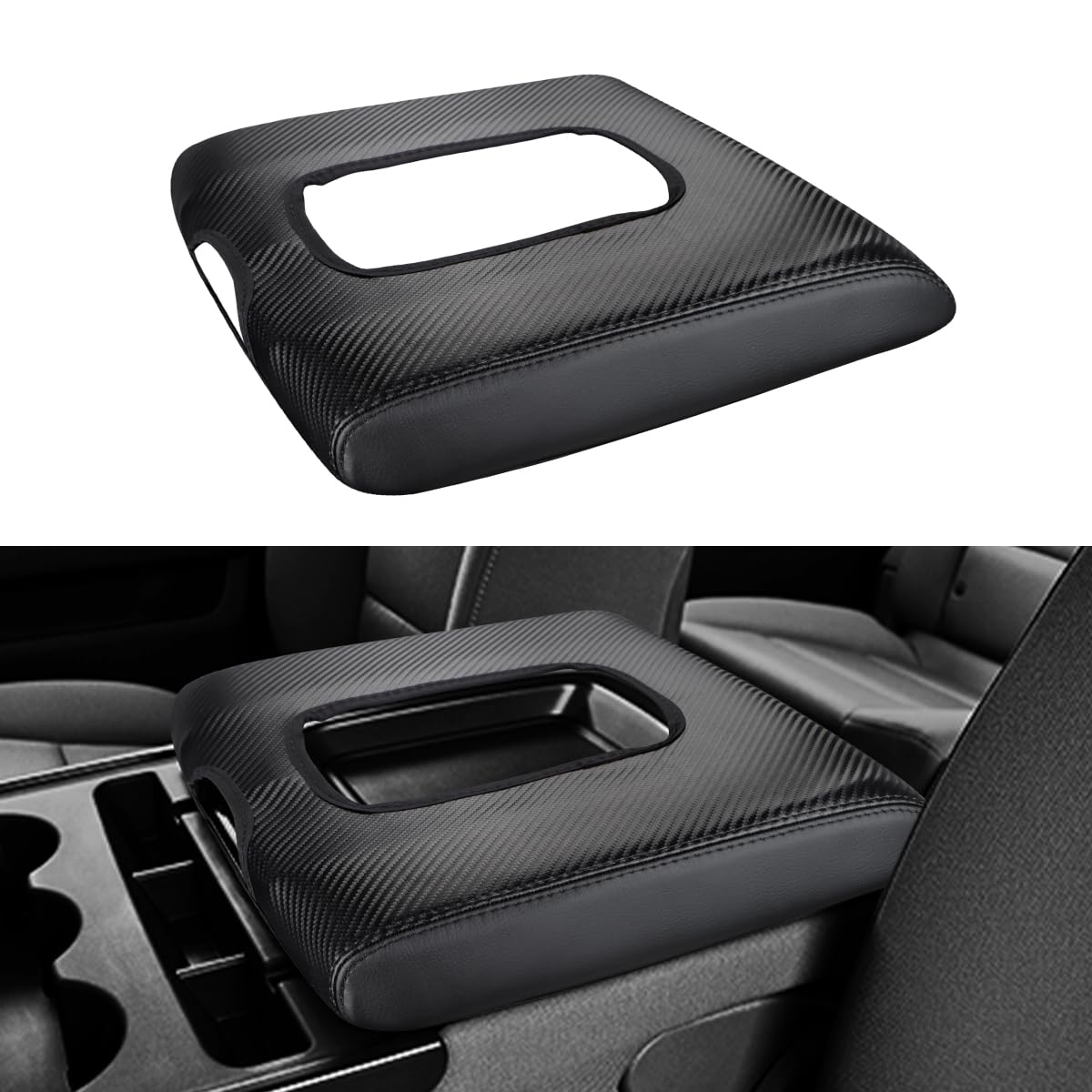Photo 1 of INTGET Center Console Armrest Cover for Chevy Silverado & GMC Sierra Accessories 2014 2015 2016 2017 2018,Leather Arm Rest Box Lid Protector(Carbon Fiber, Jump Seat 2014-2018 Silverado/Sierra etc.)