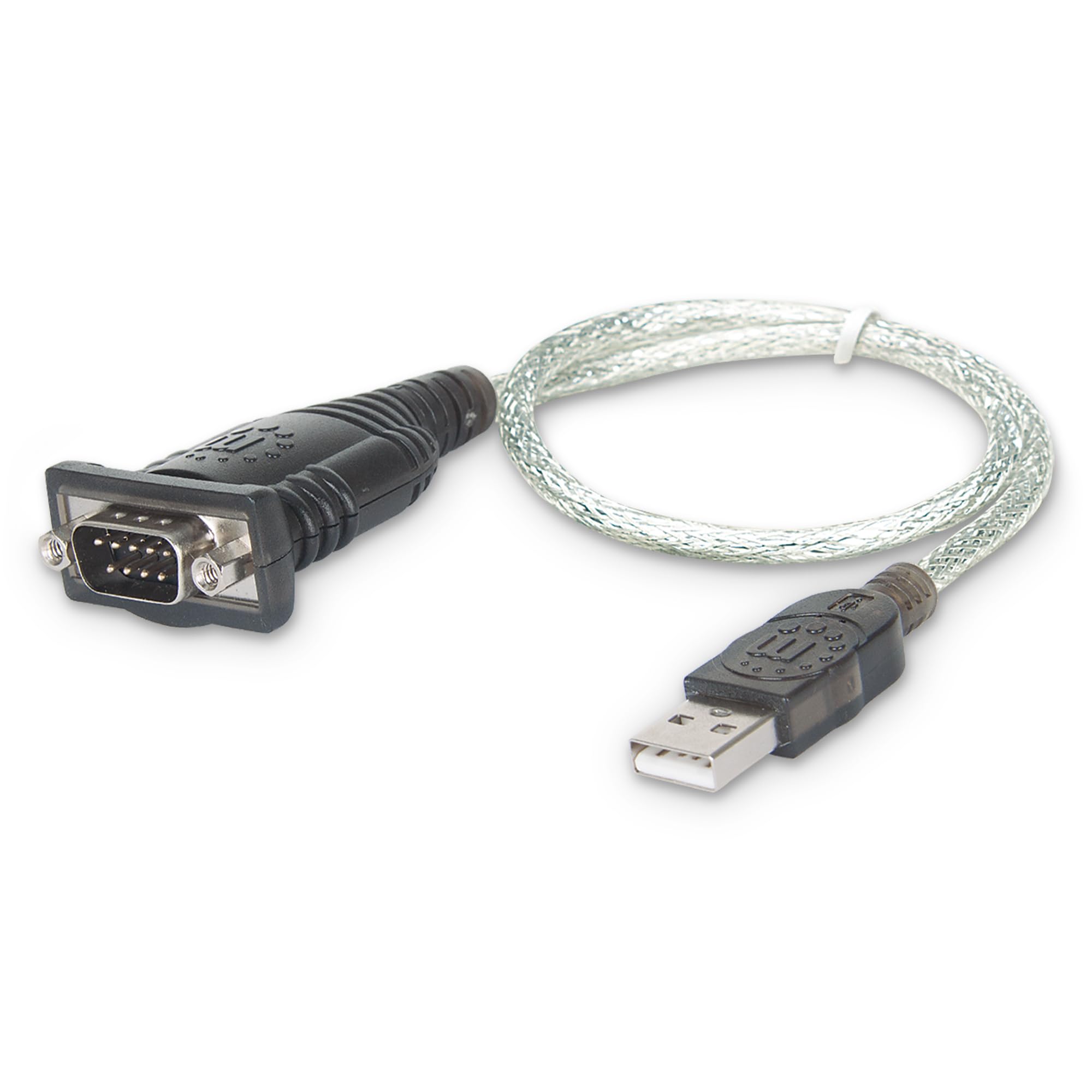 Manhattan USB-A to Serial Converter cable, 45cm, Male to Male, Serial/RS232/COM/DB9, Prolific PL-2303RA Chip, Black/Silver cable, Blister