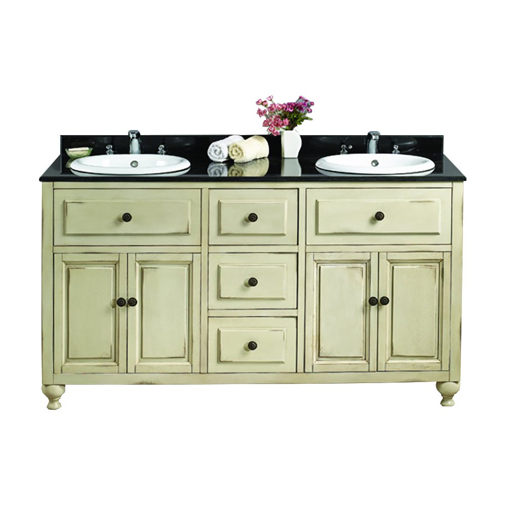 Ove Decors Antique White Double Vanity with Granite Top in Black with