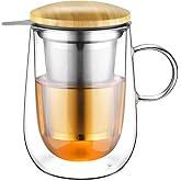 glastal Tea Infuser Mug 14.5oz Insulated Heatproof Glass Tea Cup with Removable Infuser and Lid, Clear Glass Teacup 430ml Double Wall Borosilicate Glass Teacup for Loose Tea, Gifts for Parents Dad Mum