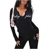 SOLY HUX Women's Long Sleeve Shirts Rhinestone Letter Graphic Tees Notched V Neck Fitted Tops