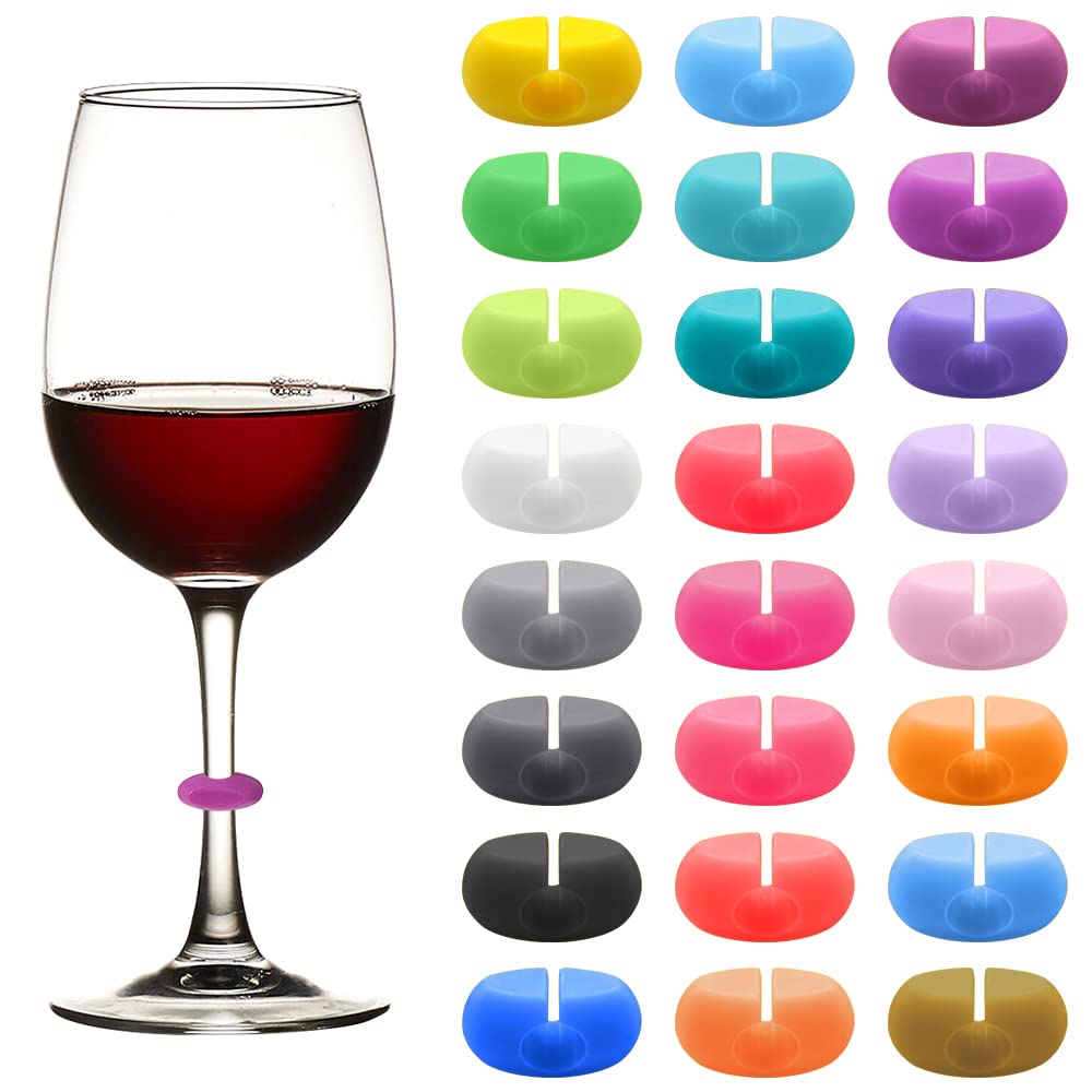 24 Pieces Wine Glass Identifier, Silicone Colorful Wine Glass Markers, Drink Markers Silicone, Wine Glass Markers Tags Identification for Tasting Party Favors Decoration Supplies Gifts (Rings)