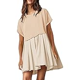 SAUKOLE Womens Summer Crew Neck Short Sleeve Dress Patchwork Pleated A Line Beach Boho Mini Dress