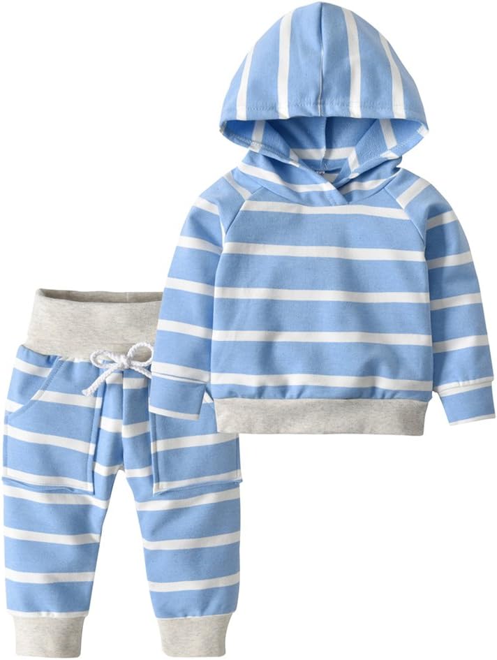 Toddler Infant Baby Boys Girls Stripe Long Sleeve Hoodie Tops Sweatsuit Pants Outfit Set