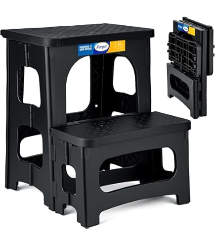 Folding 2-Step Stool, Non-Slip Portable Footstool 8'' & 17'' Dual Heights, Holds 300 Lbs, Portable Footstool For Kitchen Home Toilet Bedroom Office Bathroom RV(Black